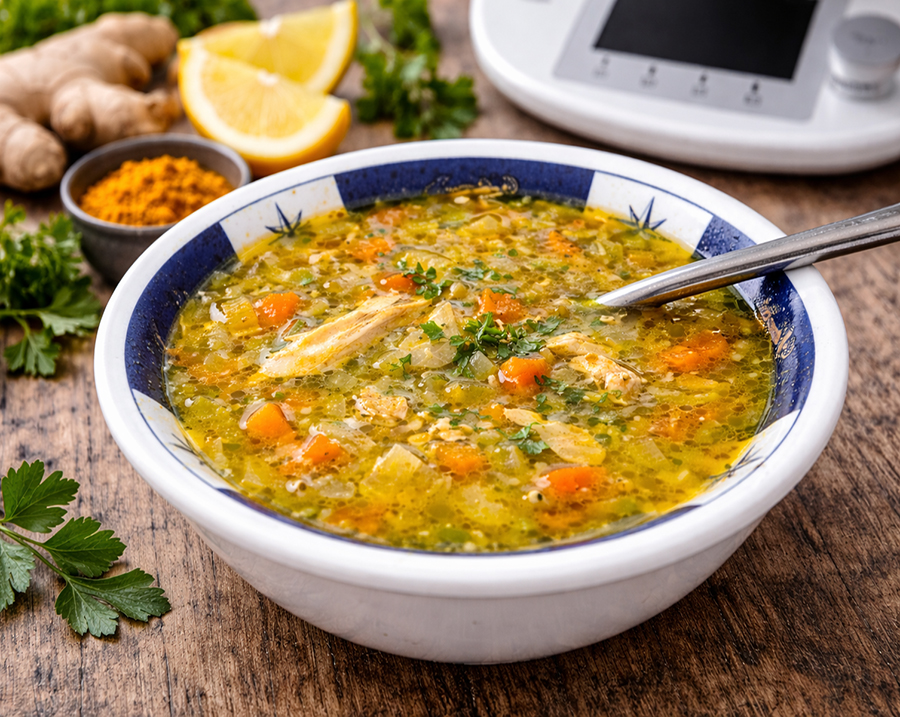 Hühnersuppe mit Ingwer und Kurkuma im Thermomix