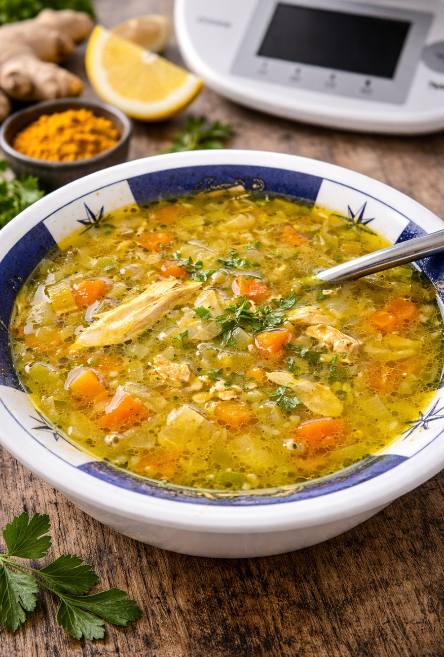 Hühnersuppe mit Ingwer und Kurkuma im Thermomix