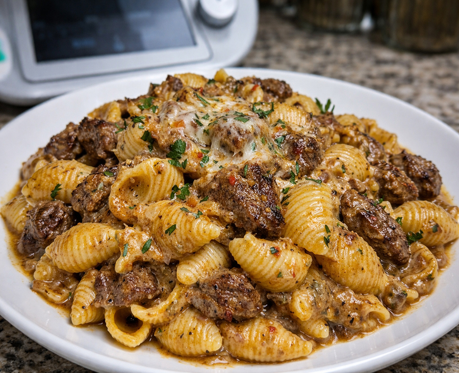Zart gebratenes Steak in Knoblauch-Kräuter-Butter mit Muschelnudeln in cremiger Parmesansauce aus dem Thermomix Zart gebratenes Steak in Knoblauch-Kräuter-Butter mit Muschelnudeln in cremiger Parmesansauce aus dem Thermomix