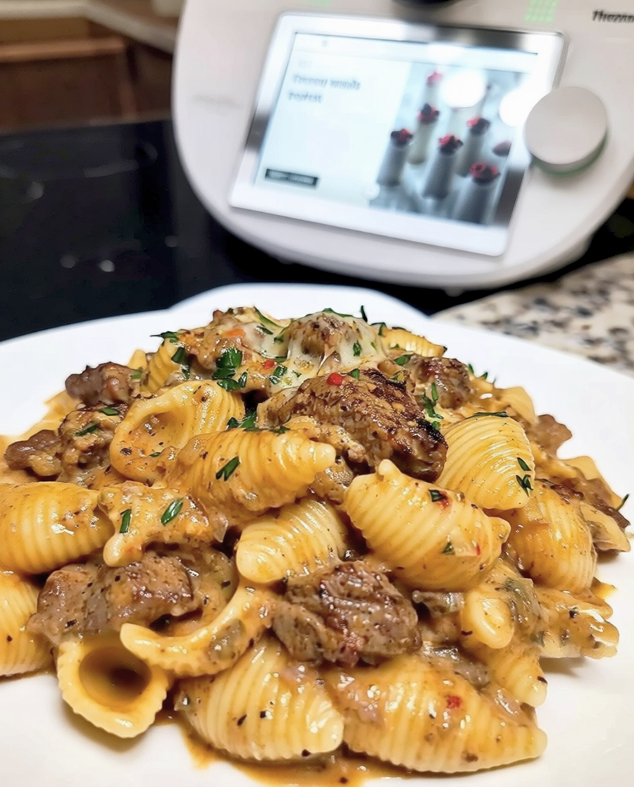 Zart gebratenes Steak in Knoblauch-Kräuter-Butter mit Muschelnudeln in cremiger Parmesansauce aus dem Thermomix Zart gebratenes Steak in Knoblauch-Kräuter-Butter mit Muschelnudeln in cremiger Parmesansauce aus dem Thermomix