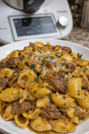 Zart gebratenes Steak in Knoblauch-Kräuter-Butter mit Muschelnudeln in cremiger Parmesansauce aus dem Thermomix