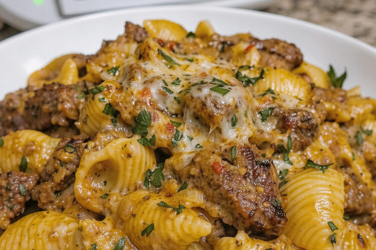 Zart gebratenes Steak in Knoblauch-Kräuter-Butter mit Muschelnudeln in cremiger Parmesansauce aus dem Thermomix