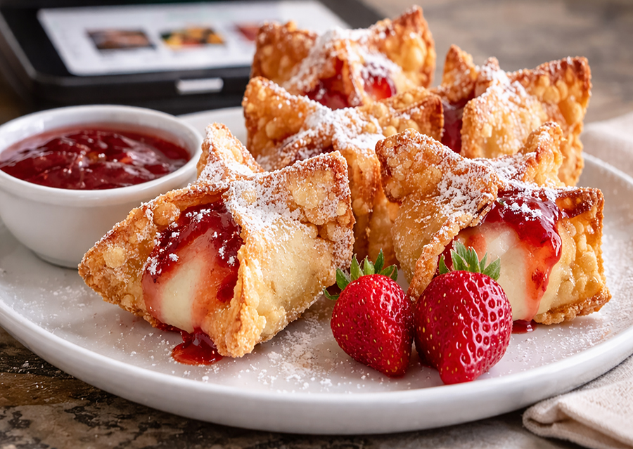 Frittierte Wonton-Häppchen mit Erdbeer-Cheesecake-Füllung aus dem Thermomix