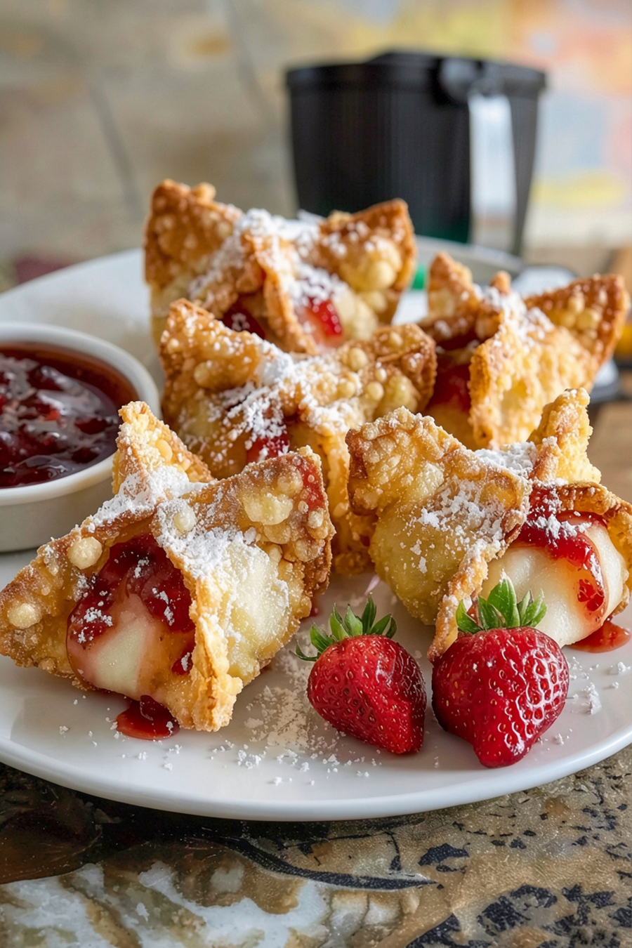 Frittierte Wonton-Häppchen mit Erdbeer-Cheesecake-Füllung aus dem Thermomix