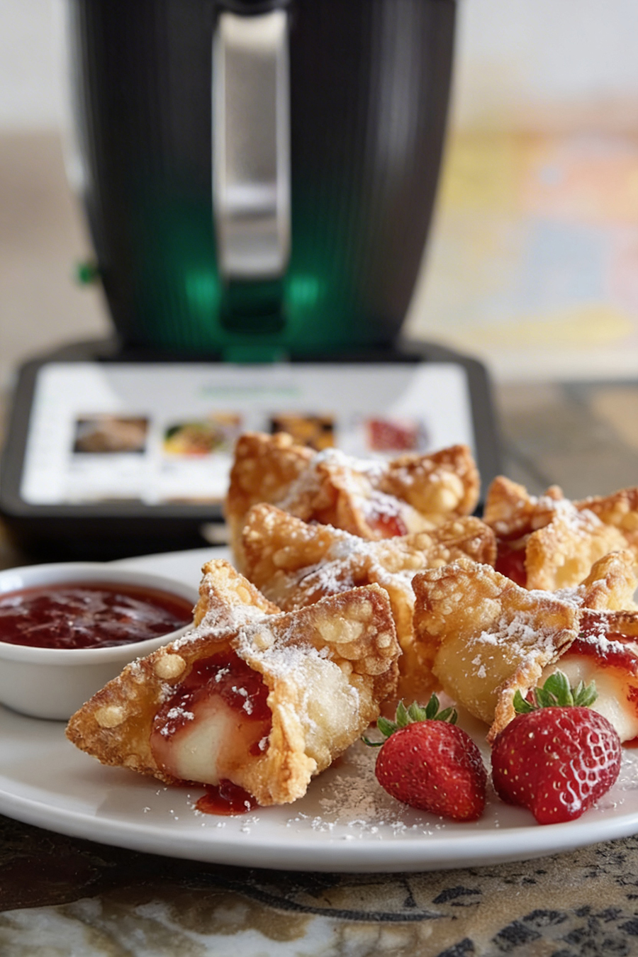 Frittierte Wonton-Häppchen mit Erdbeer-Cheesecake-Füllung aus dem Thermomix