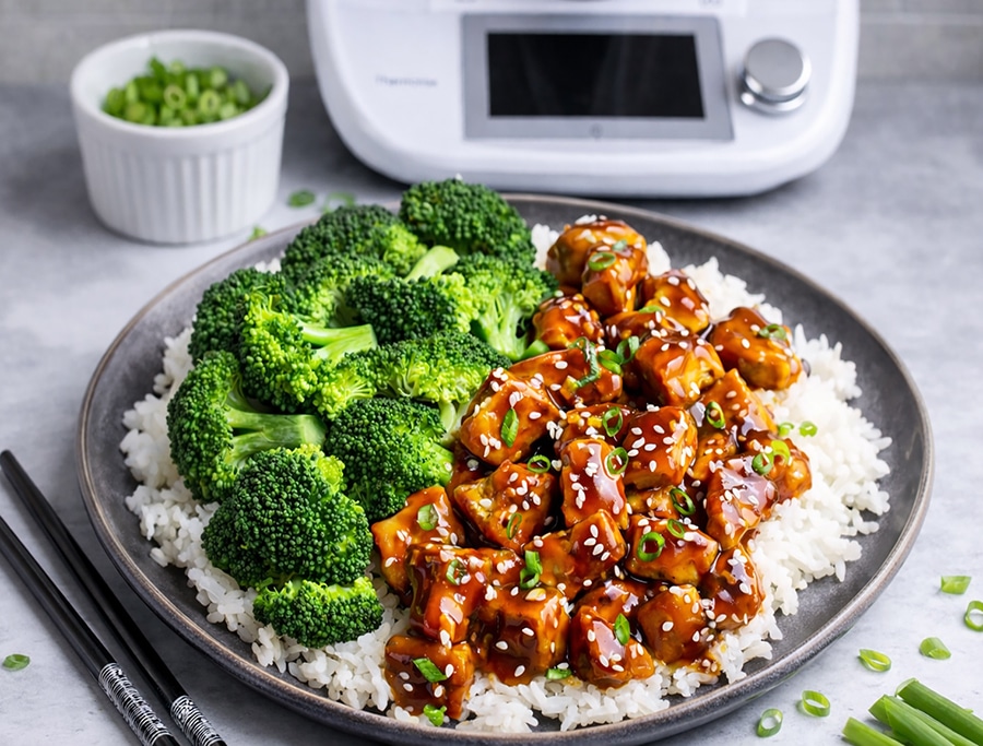 Teriyaki-Hähnchen-Bowl mit Honig und Reis aus dem Thermomix