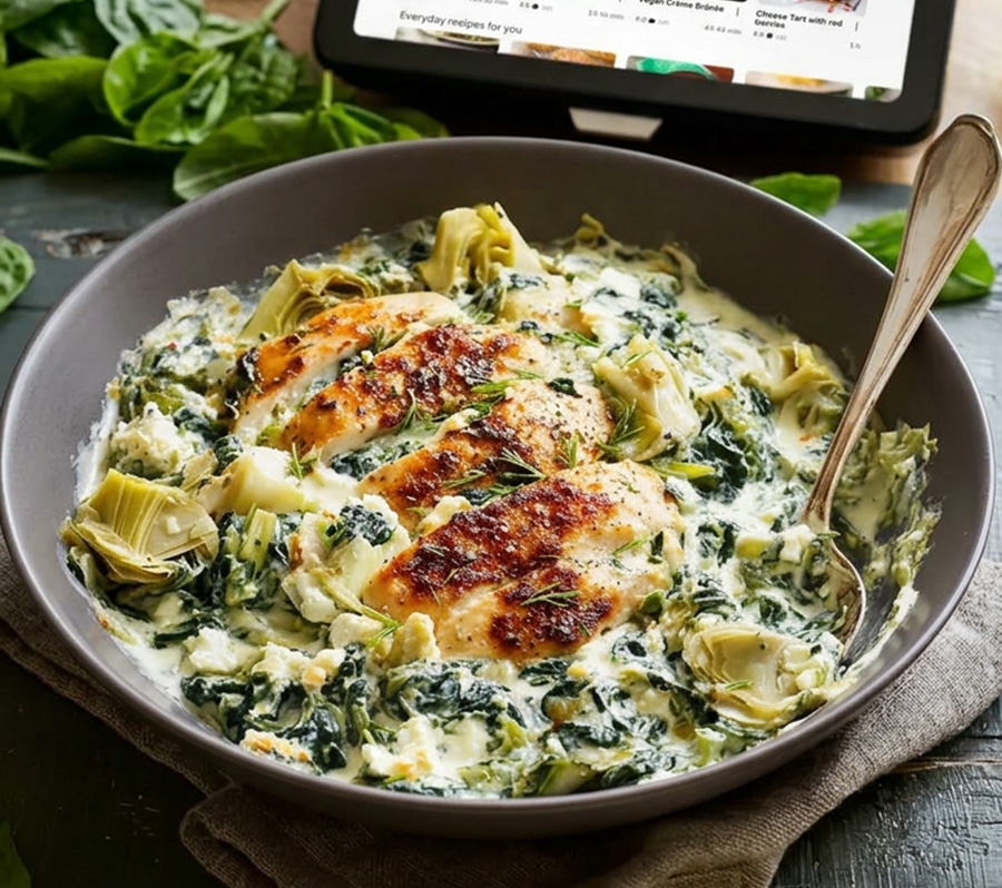 Hähnchen mit Spinat und Artischocken mit Hüttenkäse aus dem Thermomix