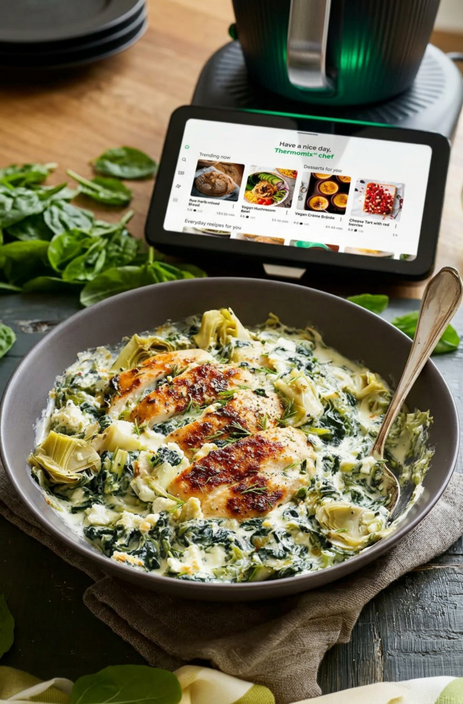 Hähnchen mit Spinat und Artischocken mit Hüttenkäse aus dem Thermomix