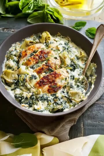 Hähnchen mit Spinat und Artischocken mit Hüttenkäse aus dem Thermomix