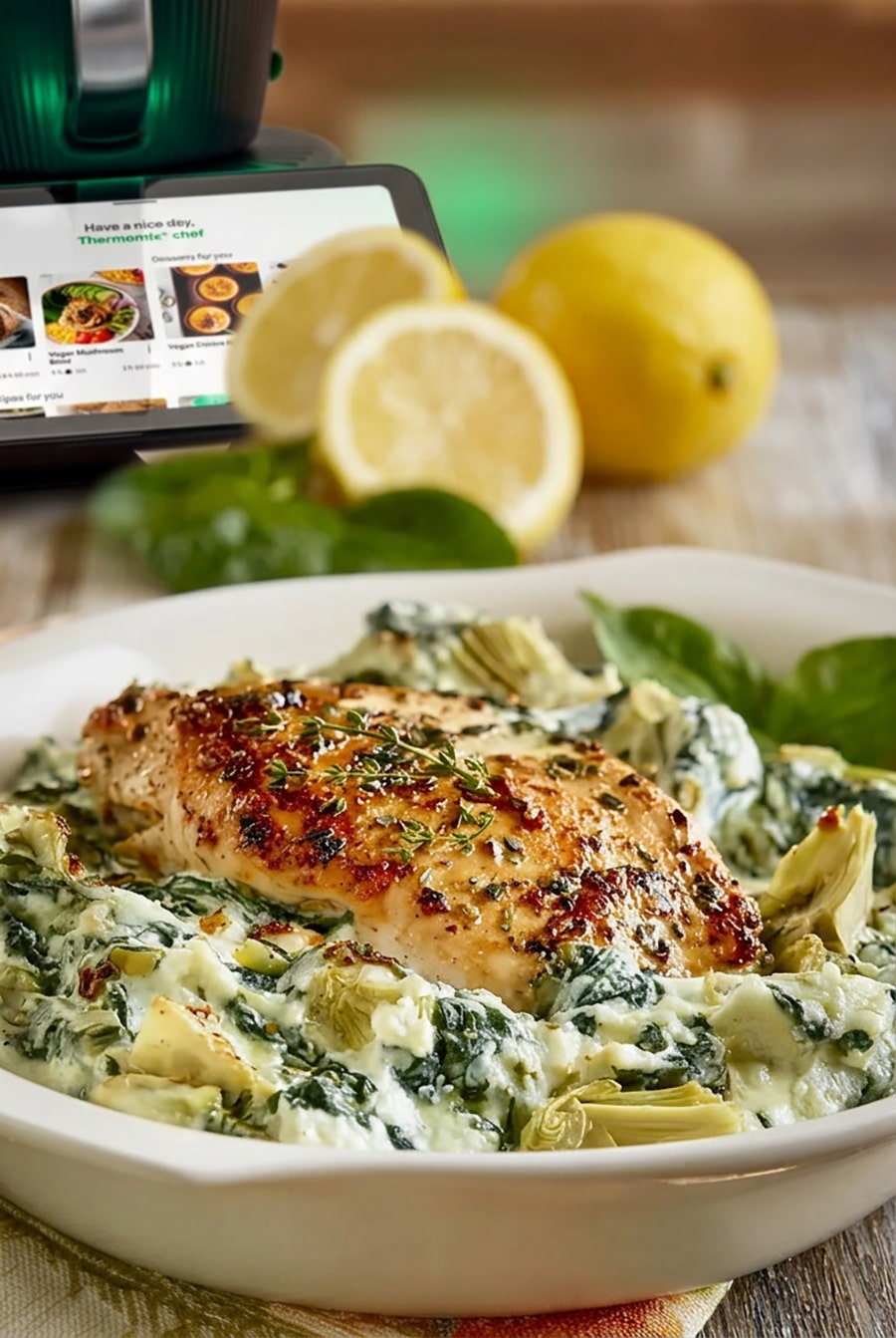 Hähnchen mit Spinat und Artischocken mit Hüttenkäse aus dem Thermomix