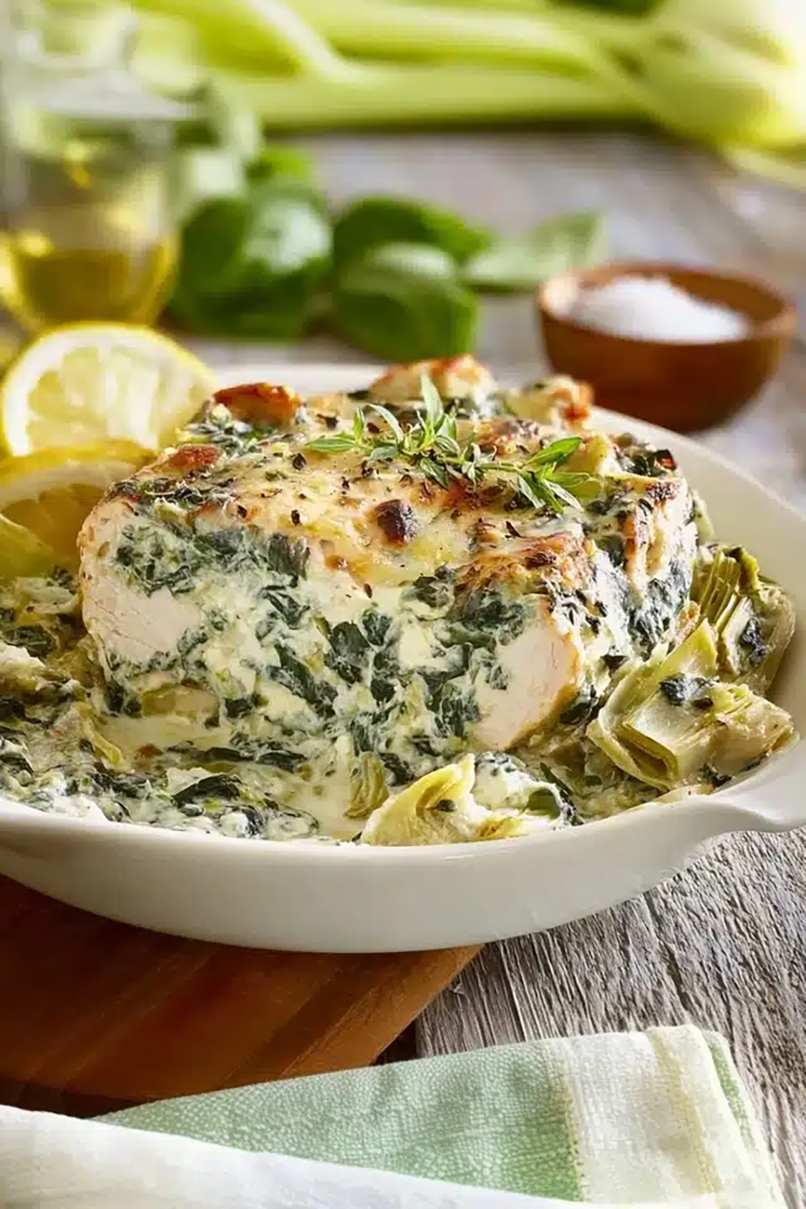 Hähnchen mit Spinat und Artischocken mit Hüttenkäse aus dem Thermomix