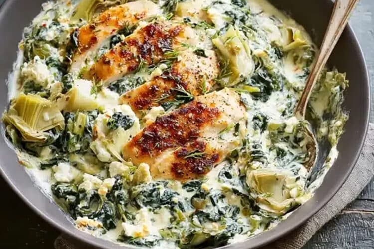 Hähnchen mit Spinat und Artischocken mit Hüttenkäse aus dem Thermomix