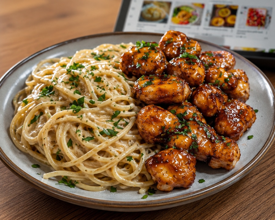 Honig-Knoblauch-Hähnchen mit cremigen Spaghetti aus dem Thermomix