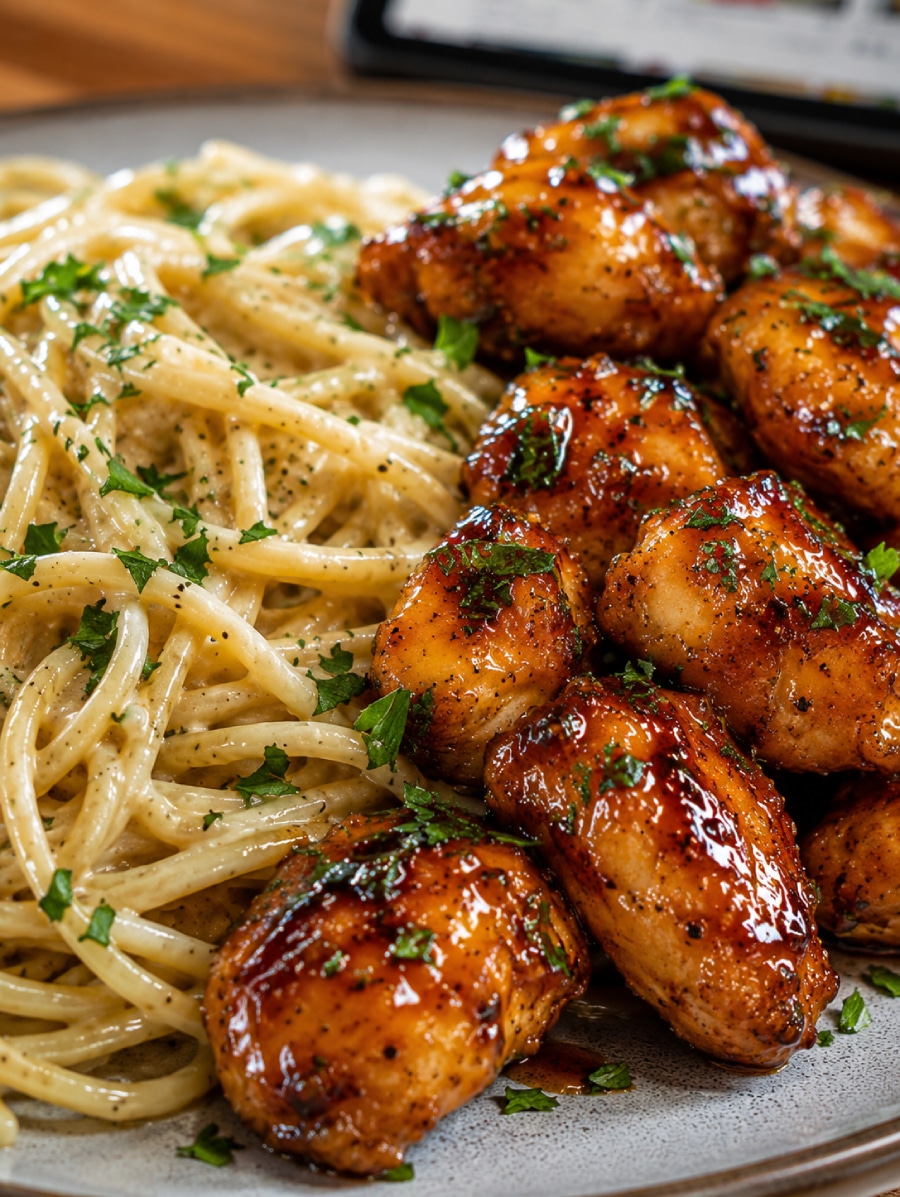 Honig-Knoblauch-Hähnchen mit cremigen Spaghetti aus dem Thermomix