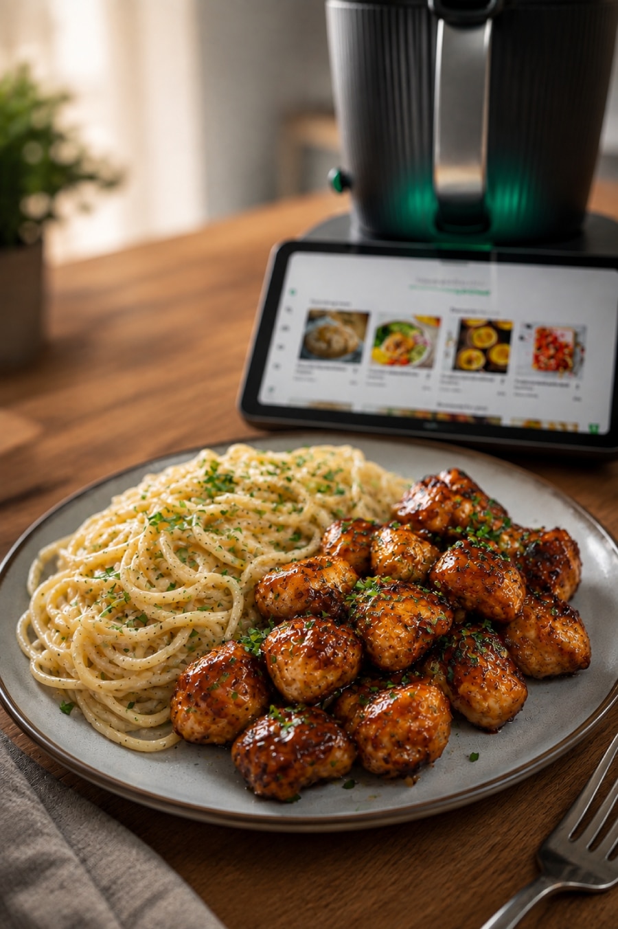 Honig-Knoblauch-Hähnchen mit cremigen Spaghetti aus dem Thermomix